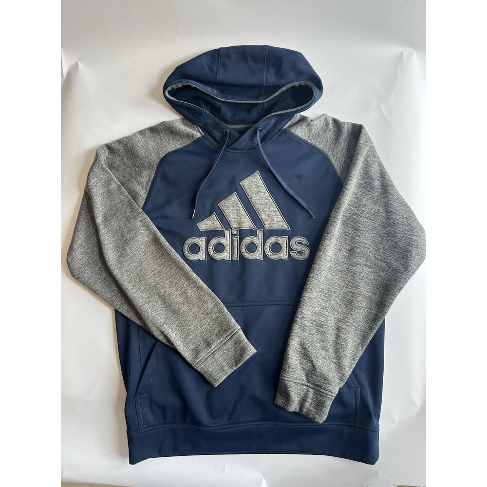 adidas climawarm Men’s‎ Blue/Gray Colorblock Fleece Hoodie Logo Pockets L
